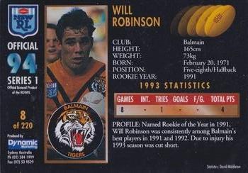 1994 Dynamic Rugby League Series 1 #8 Will Robinson Back